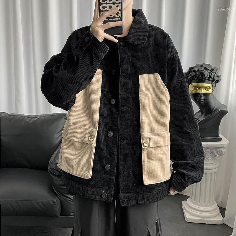

Men's Jackets HOUZHOU Vintage Patchwork Corduroy Shirts Men Jacket Coat Khaki Retro Button Long Sleeve Male Loose Tops Japanese Streetwear, Black