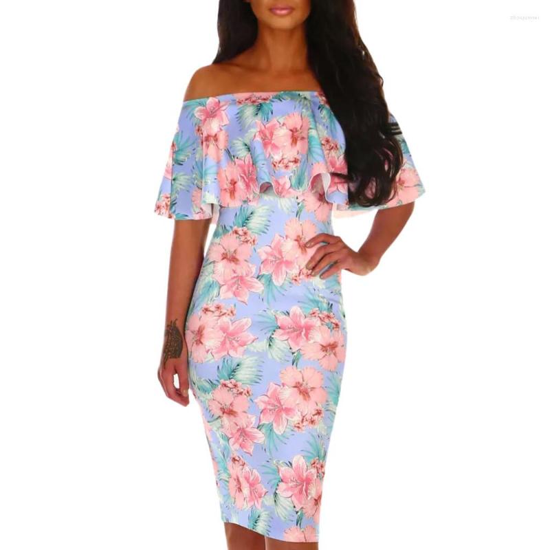 

Party Dresses Stylish Bar Women Off Shouder Ruffles Trip Multi Dress Floral Print Bodycon Midi Beach Holiday Vestidos De Festa, Pink
