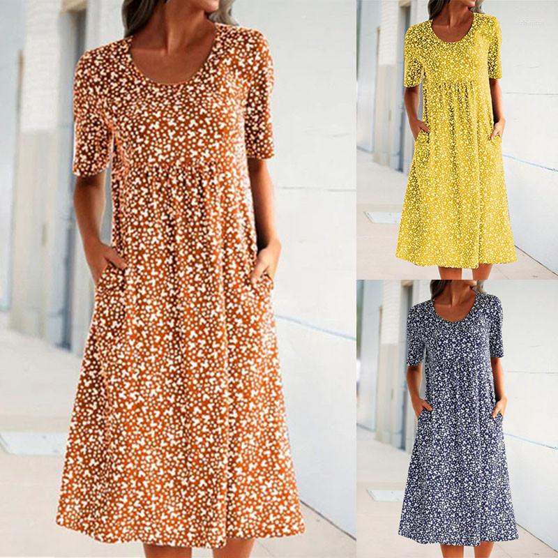 

Party Dresses 2023 Summer French Simple Fashion Round Neck Floral Short-sleeved Dress Women, Sky blue
