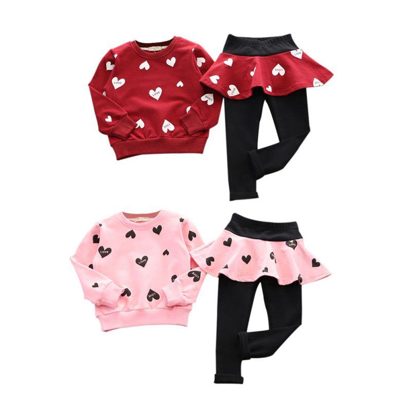 

Clothing Sets Cute Girl Sewn Sports Suit With Heart-Shaped Print Fashion Children'S Sweater 2 Trouser Skirt 2-7T Spring, En8479p