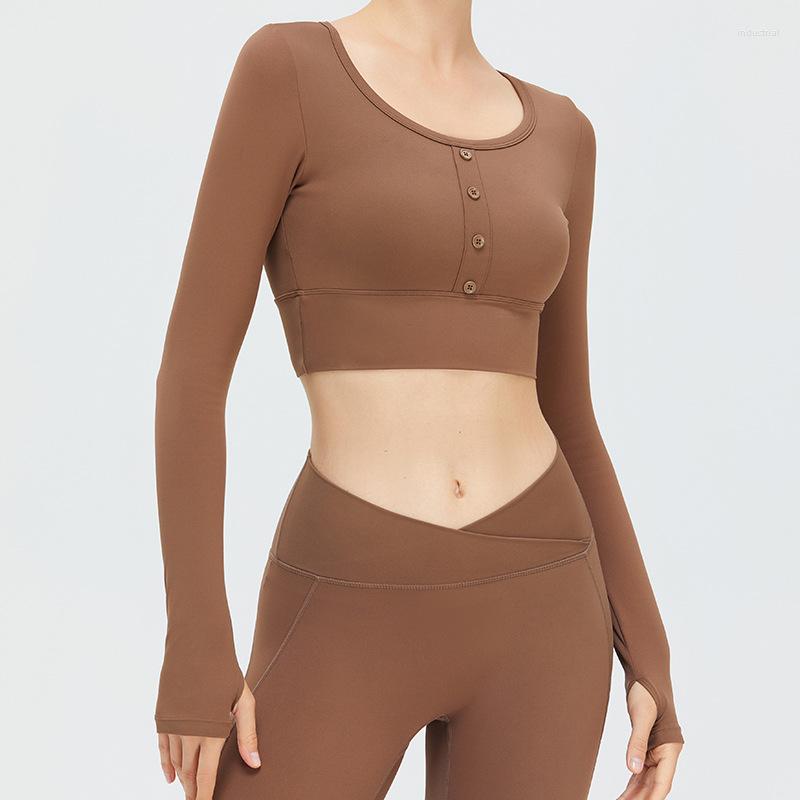 

Women' T Shirts O Neck Button Women Long Sleeve 2023 Summer Spring Knitted Gym Yoga Crop Tops Running Workout Tights, Dark brown