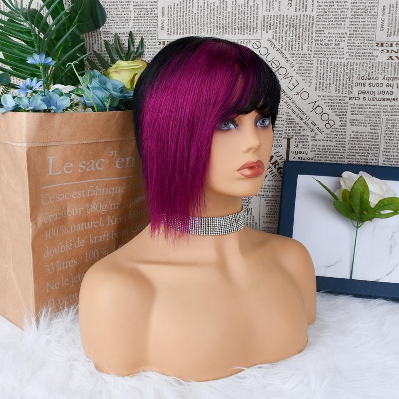 

Lace Wigs Short Pixie Cut Wig Straight Ombre Human Hair For Women TB/99J Bob With Bangs Peruvian Remy, Picture shown