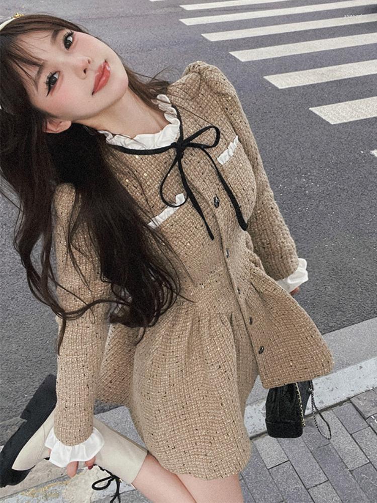 

Casual Dresses Korean Style Elegant Party Mini Dress Women Lace-up France Vintage Sweet Female Warm Y2k Designer Autumn Winter 2023, Khaki