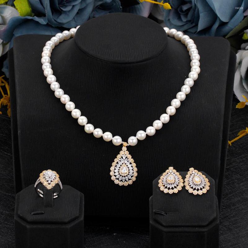 

Necklace Earrings Set TIRIM Luxury Pearl Women's Jewelry Cubic Zirconia Dubai Elegant Earring Ring Bridal Jewellry Accessories Fashion, Picture shown