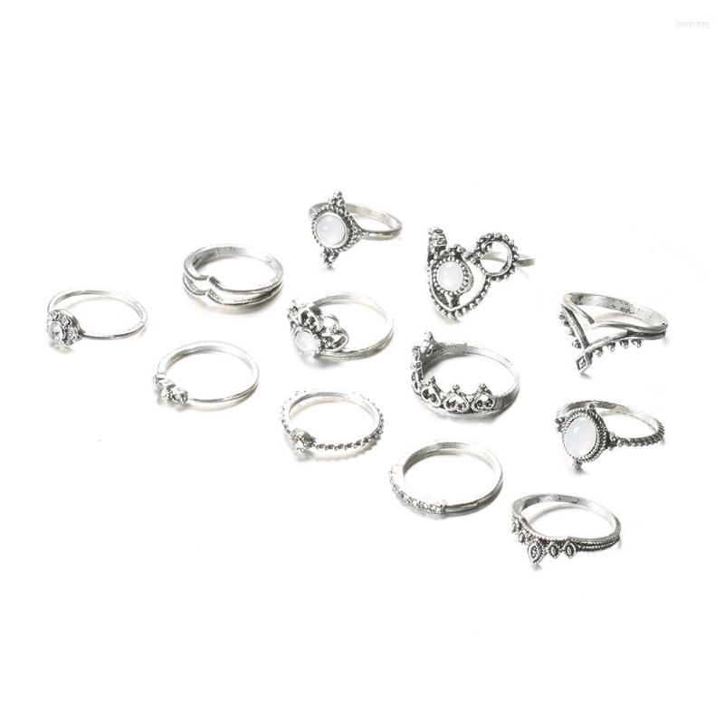 

Wedding Rings Crystal Heart Crown Finger Midi Knuckle Ring Set Women Antique Silver Color Geometric Hollow Flower Jewelry Accessories 12 Pcs