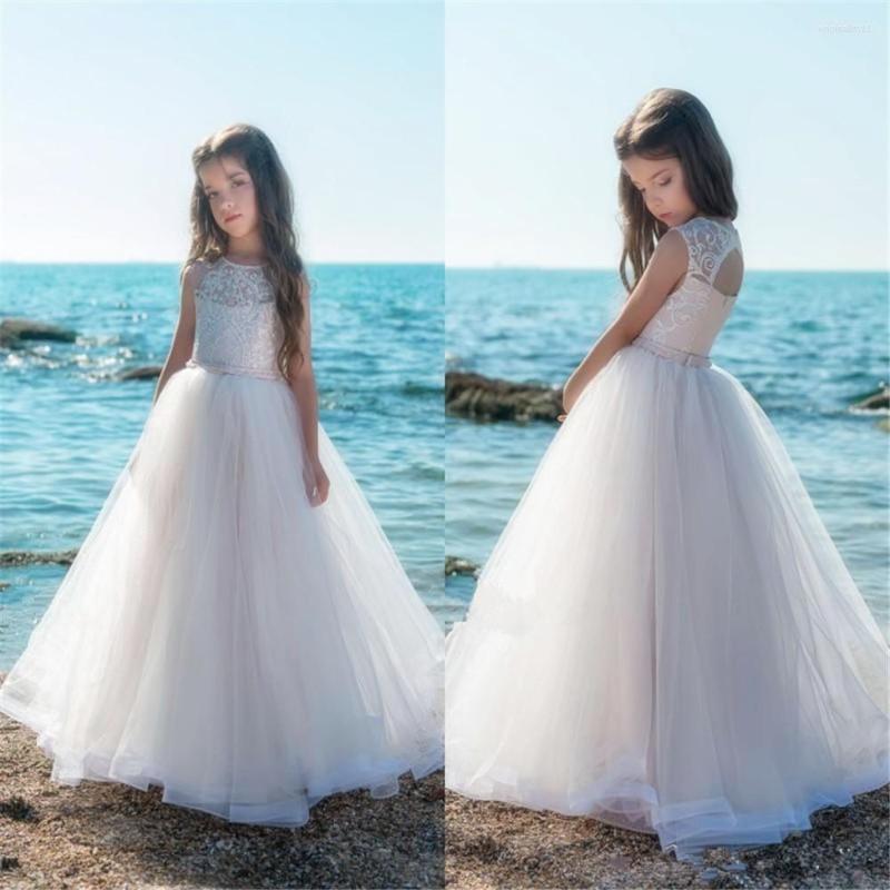 

Girl Dresses Flower Sleeveless Tulle Beading O-neck Lace Applique Ball Gown Custom Made First Holy Communion Birthday, Ivory