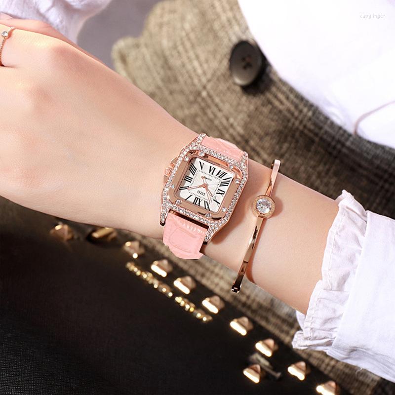 

Wristwatches Female Student Korean Style Square Rhinestone Leisure Starry Sky Quartz Watch, Pink