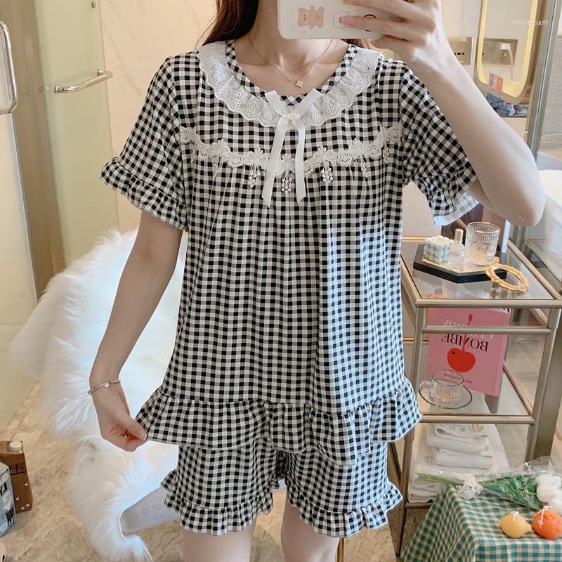 

Women's Sleepwear 2023 Summer Sweet Girls Pajamas Set Plaid Round Neck Lace Retro For Women Short Sleeve Shorts Homewear Suit, Black