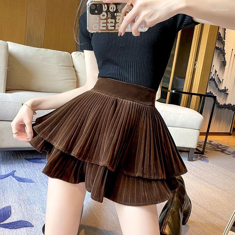 

Skirts Velvet Skirt Women's Design Small Pleated Short High Waist Pure Girl Ropa Mujer Mini Clothes For Women, Black