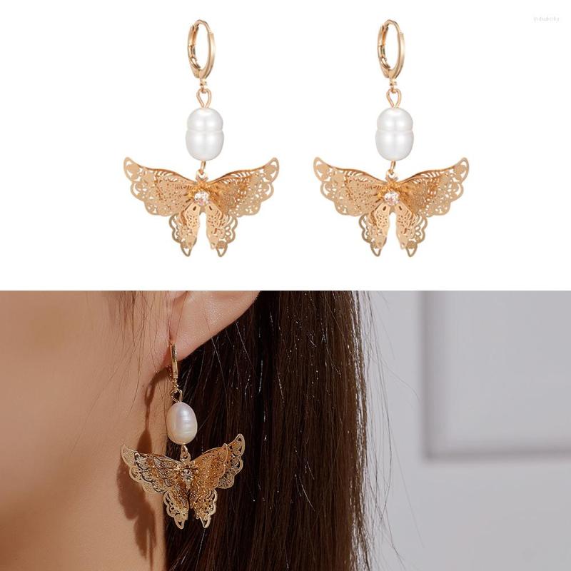 

Dangle Earrings 3D Hollow Metal Butterfly Baroque Pearl Drop For Women Girls Cute Animal Hanging Wholesale Jewelry Gifts