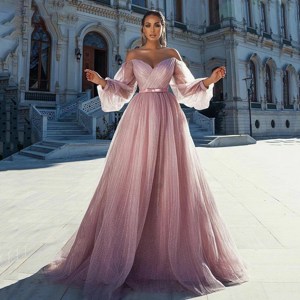 

New Arrival Pink Tulle A-Line Prom Dress Off Shoulder Long Sleeves Evening Dresses Party Formal Dress Evening Gowns, Dark navy