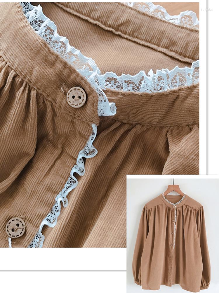 

Women's Blouses Lamtrip Unique Corduroy Lace Edged Ruffled Collar Single Breasted Long Sleeve Mori Girl Shirt Blouse 2023 Spring, Beige