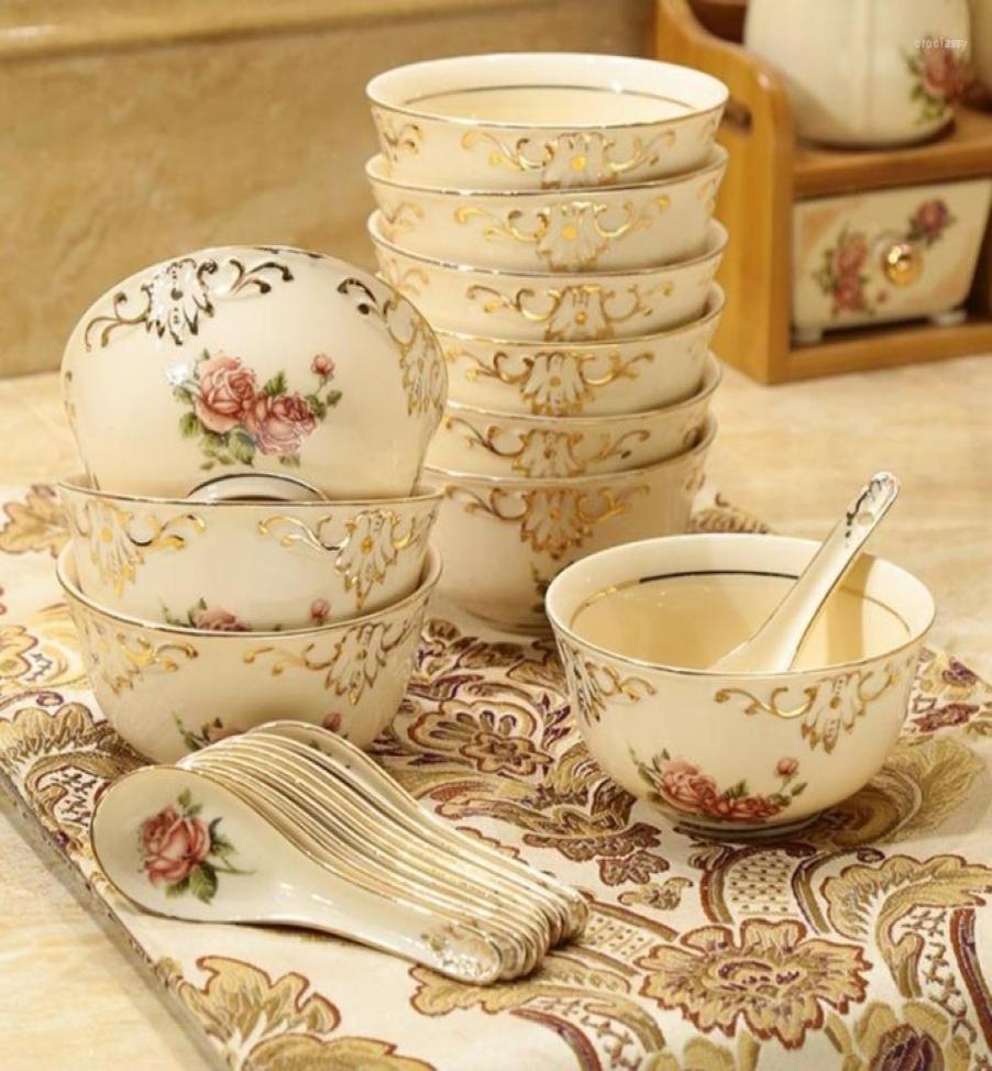 

Bowls Ceramic Household Eating Rice Bowl Korean And Dish Spoon Cutlery Set Ivory Porcelain Golden Edge3904578