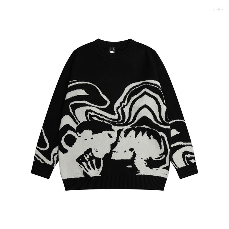 

Men's Sweaters Hop Hip Neck Clothes Knitted Retro Oversized Print Round Men's Spliced Lovers Streetwear Pullover Autumn Harajuku, Black