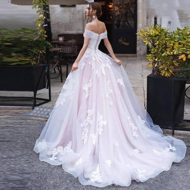 

A-line Lace Women's Wedding Dress Bride One Line Collar Half Backless Vestidos Elegantes Para Mujer 2023 Luxurious Dress, Champagne