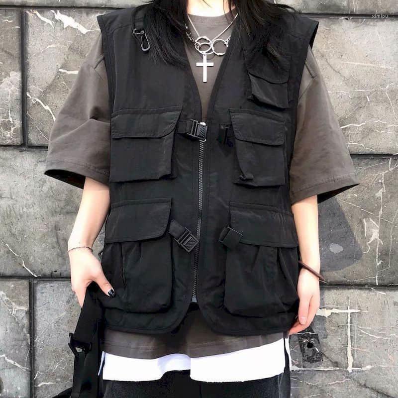 

Women's Vests Style Vest Women Man Korean Four Seasons Thin Multi-pocket Loose Dark Tooling Men And Couple Jacket Functional, Black