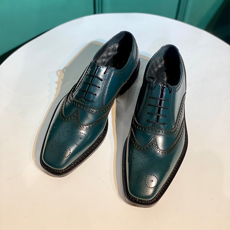 

2023 Full Grain Leather Brogue Carved Shoes Gentlemen Formal Business Shoes Green Derby Shoe Mens Oxfords, As pics