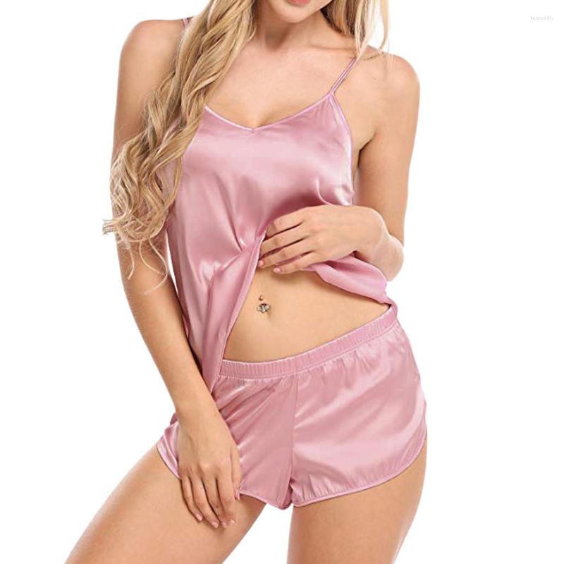 

Women's Sleepwear Women's Pajamas Set Sexy V-Neck Sleeveless Satin Lace Top And Shorts Pijama Home Suit Lingerie Summer Night Wear, Gray