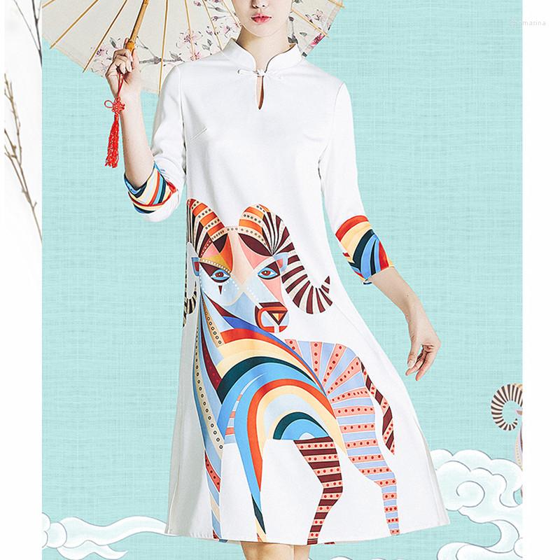 

Ethnic Clothing See Orange Clear White Dress Spring Print Chinese Women Three Quater Sleeve Traditional Robe Chinoise SQ3348