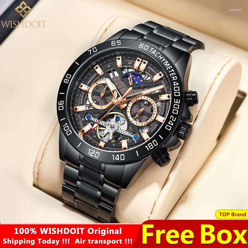 

Wristwatches WISHDOIT Men's Watch Top Brand Leisure Sports Luxury Mechanical Fashion Date Luminous Waterproof Moon Phase Clock, Rubber silver
