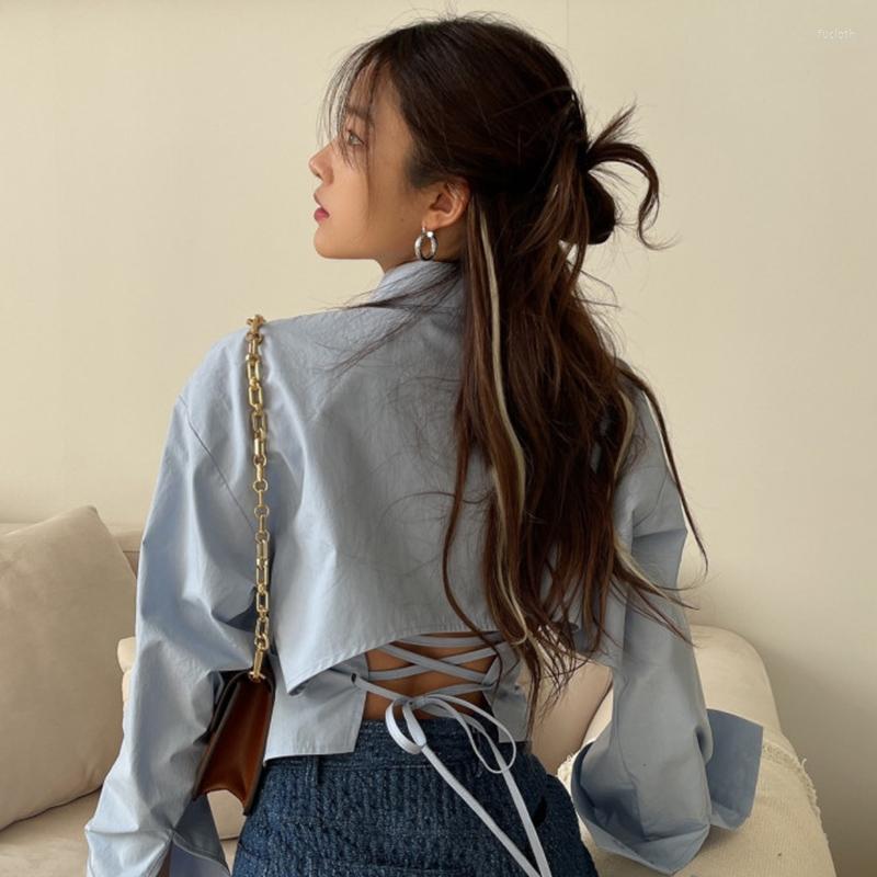 

Women's Blouses Back Bandage Tops Blusas Mujer Slim Lapel Single Breasted Long Sleeved Shirt Women Blue Black Casual Blouse Shirts Lady