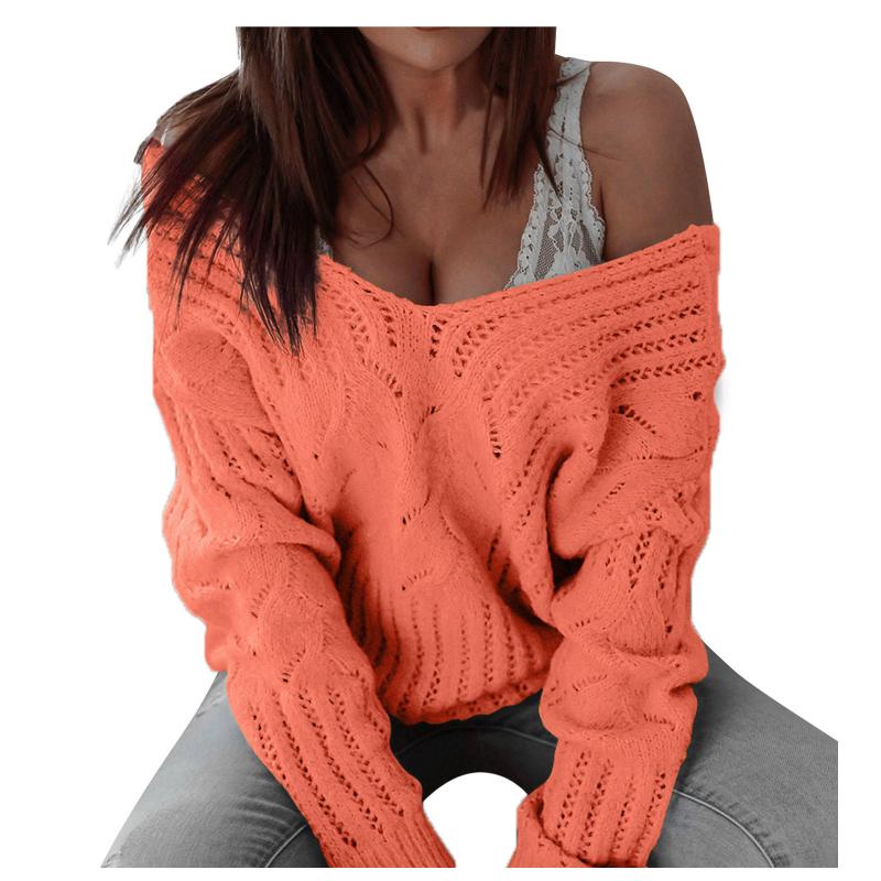 

Women' Sweaters Pullovers V Neck Hollow Out Casual Off Shoulder Knitted Sweater Jumper Tops Solid Color Casaco Feminino Inverno, Orange
