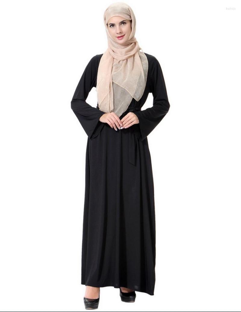 

Ethnic Clothing Muslim Long Sleeve Arab Robe For Women Pearl Buckle Round Neck Dubai Abaya Dress With Waistband TH906