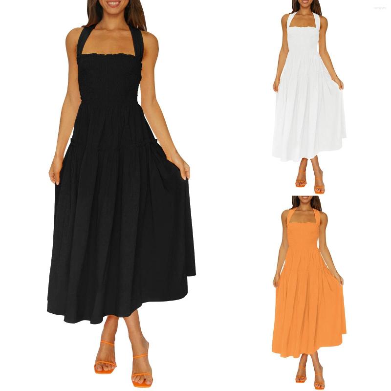 

Casual Dresses Women Summer Dress Tropical Floral Printed Open Back Sleeveless Mini Cute With Pockets Long, Black