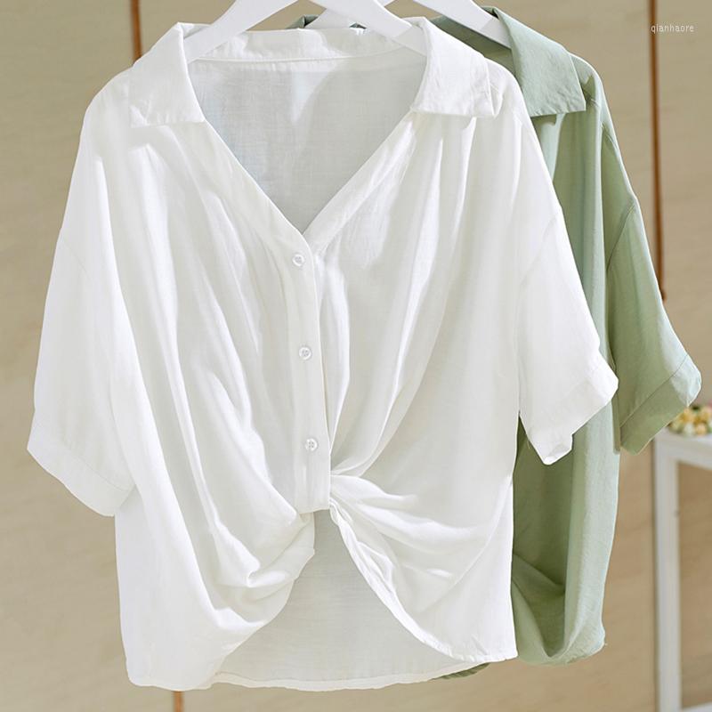 

Women's Blouses Summer Casual Women White Elegant Buttons Short Sleeve Blouse Knot Waist Loose Cotton Lady Shirts Tops Blusas 19868, Green