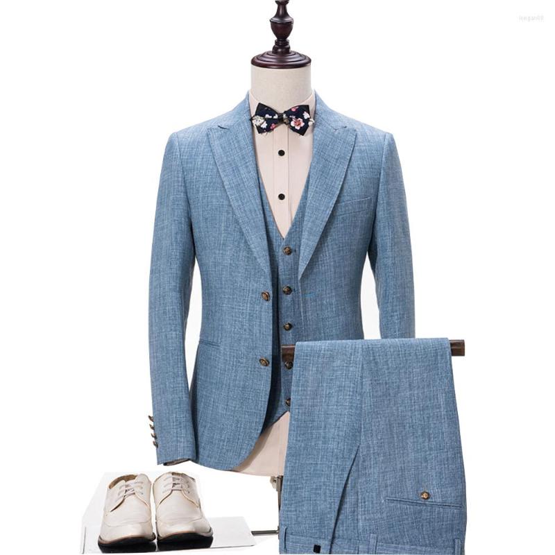 

Men's Suits Custom Made Men Light Blue Tuxedos Suit Homecoming Linen Wedding Groom Prom Tuxedo Business