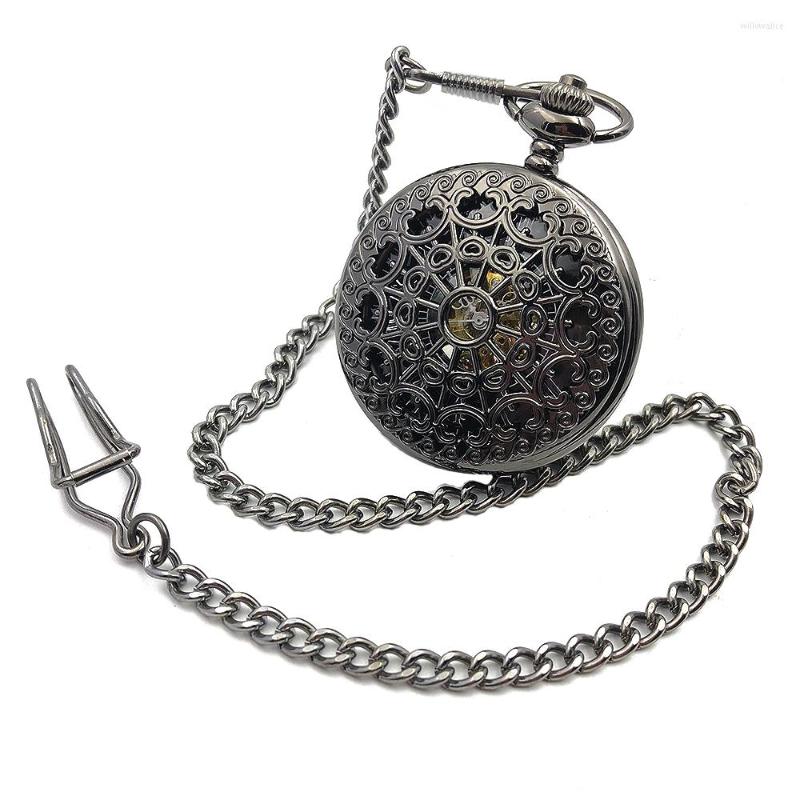 

Pocket Watches Elegant Skeleton Steampunk Black Case Roman Number Dial Hand Wind Mens Mechanical Watch W/Chain Half Gift, Picture shown