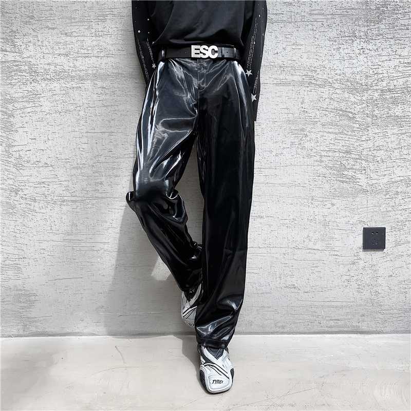 

Men' Pants British Style Net Trend Personality Streetwear Bright PU Leather Trousers Side Tight Waist Loose Casual -2XLMen, Black