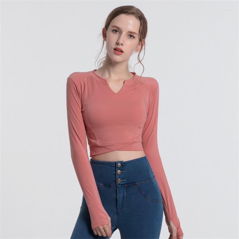 

Active Shirts Tight Sports Tops Women Stretch Thin Yoga Clothes Long Sleeve Running Training Fitness Female Sense Crop Top, Pink