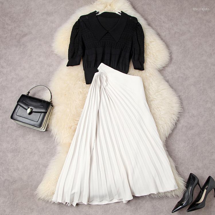 

Work Dresses European And American Women' Summer 2023 Five-quarter Sleeve Knit Sweater Pleated Skirt Fashion Suits, Black