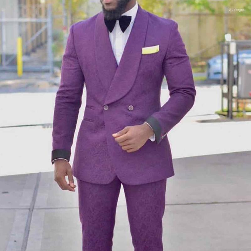 

Men's Suits Double Breasted Purple Men For Prom Floral Jacquard 2 Piece Slim Fit Groom Tuxedo African Man Fashion Wedding Costume, Black