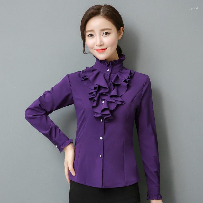 

Women' Blouses Korean Trend Oversize Women Blouse Elegant Office Lady Work Business Ruffles Shirts Slim Formal Spring Summer Thin Tops, Blue