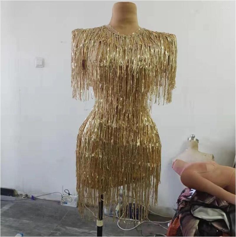 

Stage Wear Gold Sequins Fringes Sleeveless Short Dress Evening Birthday Celebrate Shiny Costume Women Dancer Show Party