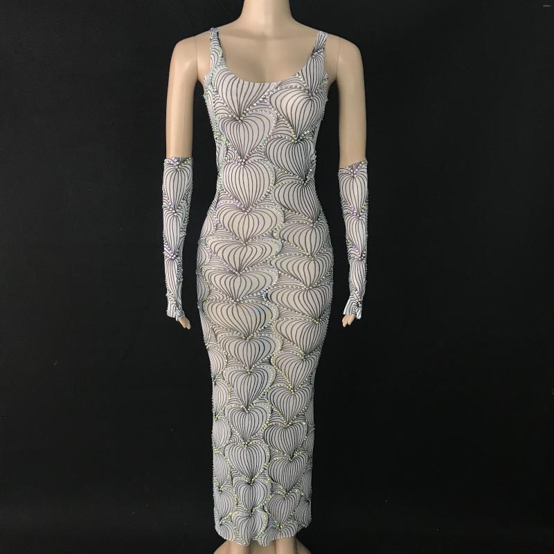 

Stage Wear AB Color Rhinestone Heart Pattern Gloves Dress Birthday Transparent Outfit Women Dance Sleeveless Long, White