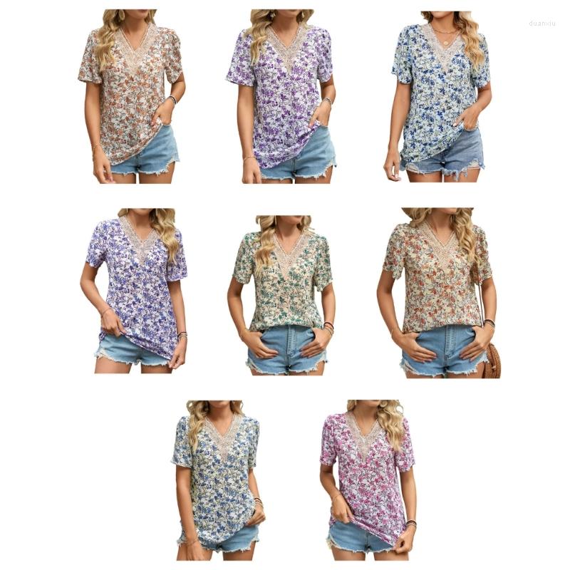 

Women' T Shirts Women Summer Casual Short Sleeve Loose Chiffon T-Shirt Guipure Lace V-Neck Floral Printed Pullover Blouses Tunic Top