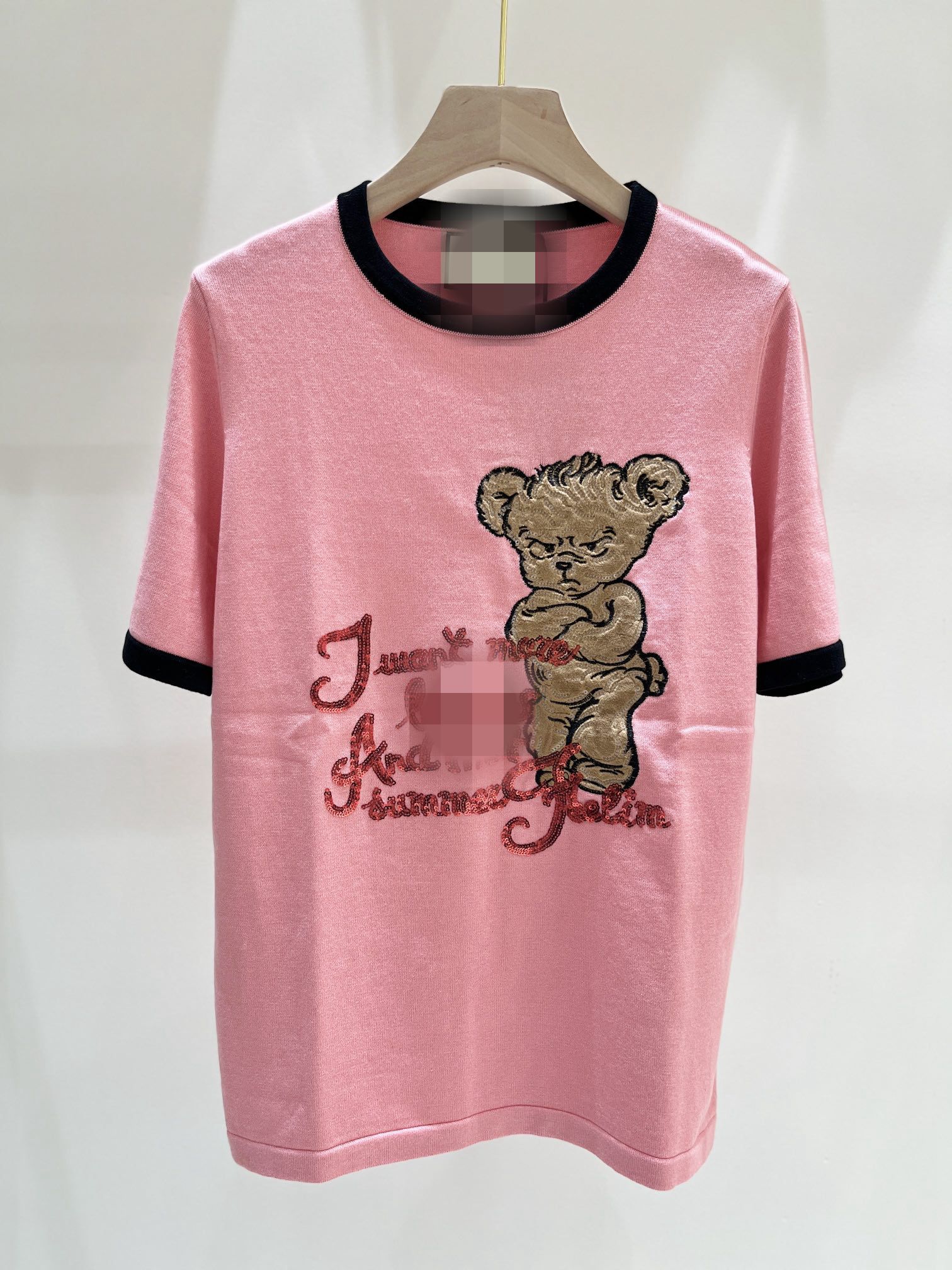 

2023 Pink Letter Bear Embroidery Women' T-shirt Brand Same Style DH68