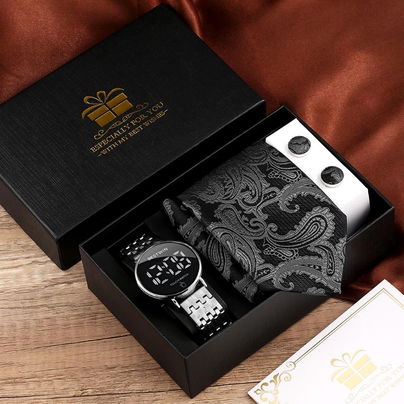 

Wristwatches Digital Watch For Men Luxury Tie Cufflinks Original Gift Waterproof Business Dress Mens Watches Stainless Steel, Watch gift set 07