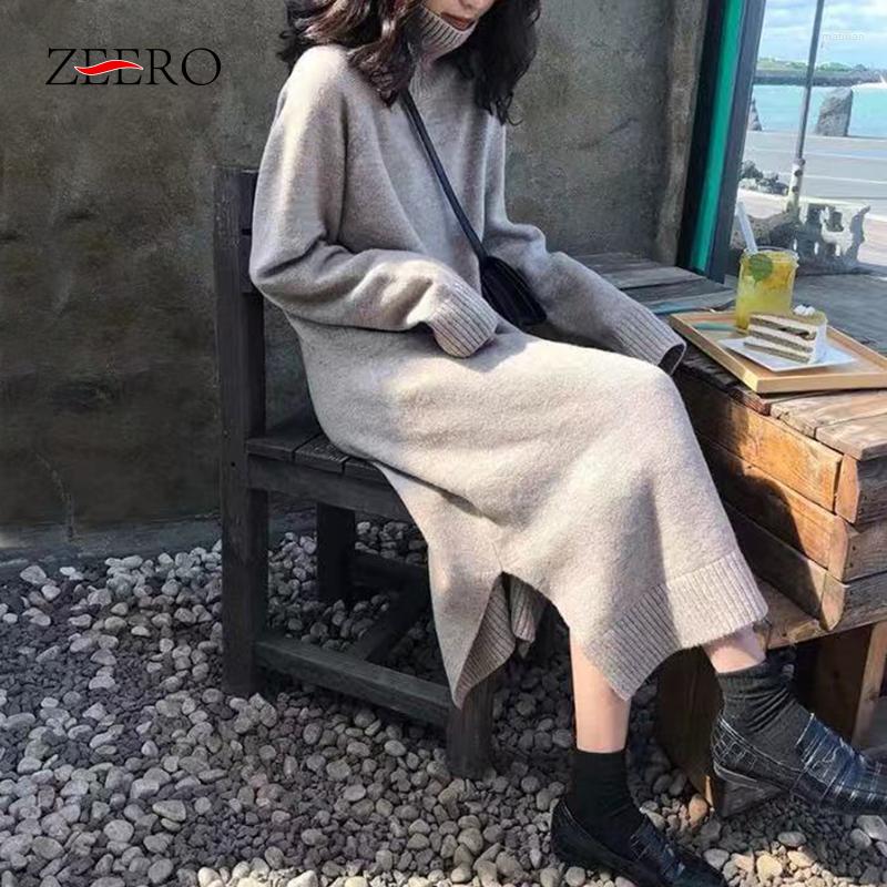 

Casual Dresses Autumn Women Long Sleeve Knitting Turtleneck Loose Straight Dress Elegant Female Winter Side Split Midi Sweater, Brown