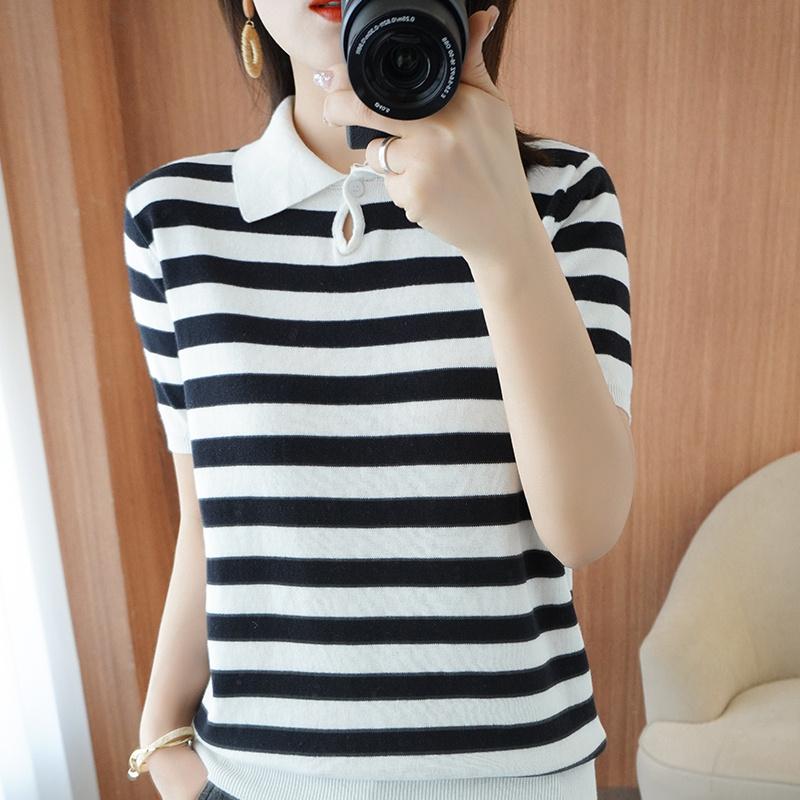 

Women' T Shirts Summer Short-Sleeve Lapel Pullover Striped Cotton Knitted Bottoming Korean Version Casual Comfortable TopWomen, Black