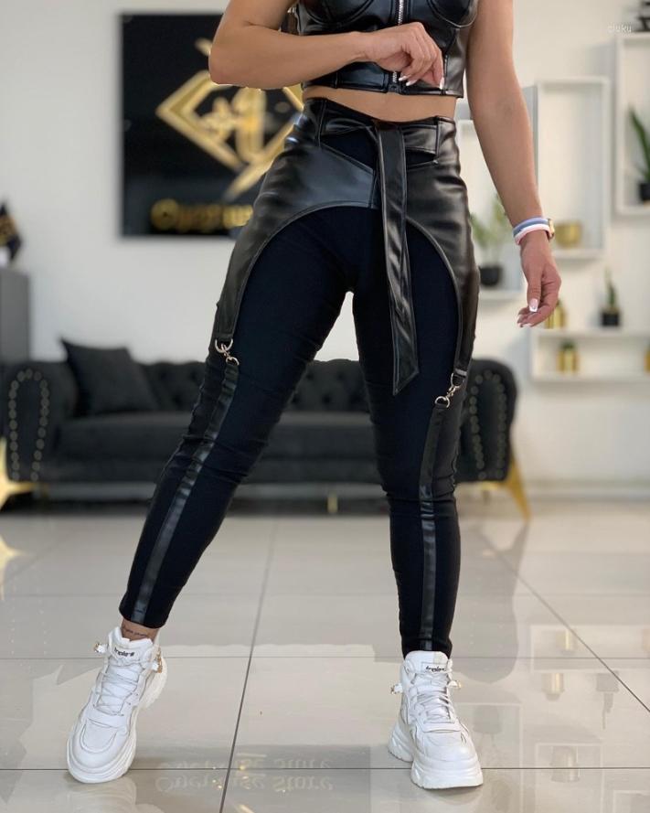 

Women' Pants High Waist Contrast Pu Leather Tied Detail Europe & America Fashion Women' Clothing Casual Skinny Daily Trousers