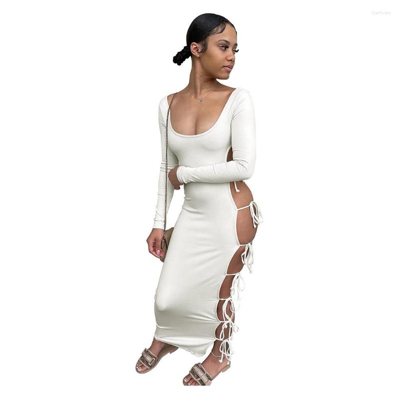 

Casual Dresses Long Sleeve Bandage 2023 Fashion Deep O Neck Hollow Out Lace Up Bodycon Dress White Elegant Women For Dinner Party, Black