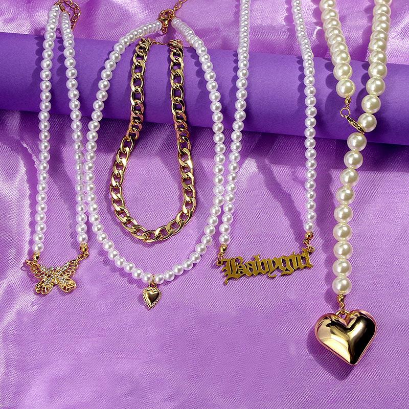 

Chains Flatfoosie Gold Color Pearl Choker Necklace For Women Multilayer Crystal Butterfly Cross Pistol Pendant Necklaces Boho Jewelry