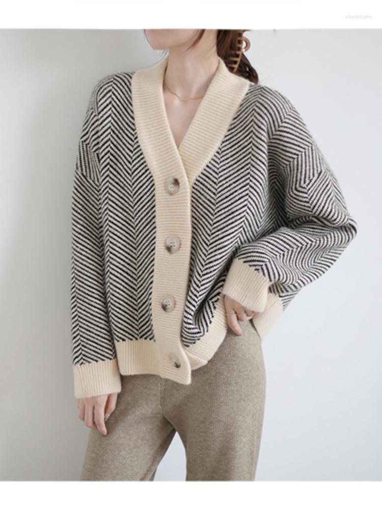 

Women's Knits 2023 Autumn Winter Women Retro Knitted Cardigan Korean Version Striped Loose Temperament Outer Sweater Jacket Top D1982, Black