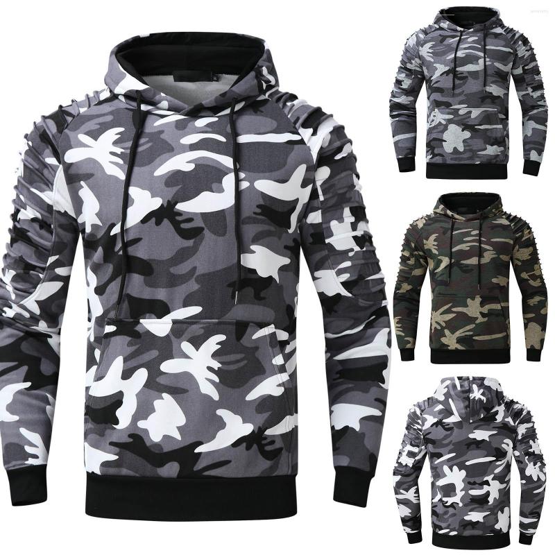 

Men's T Shirts Butter Cloth Mens Stretch Pleated Raglan Camouflage Striped Sleeve Men's Blouse Hooded Top, Grey