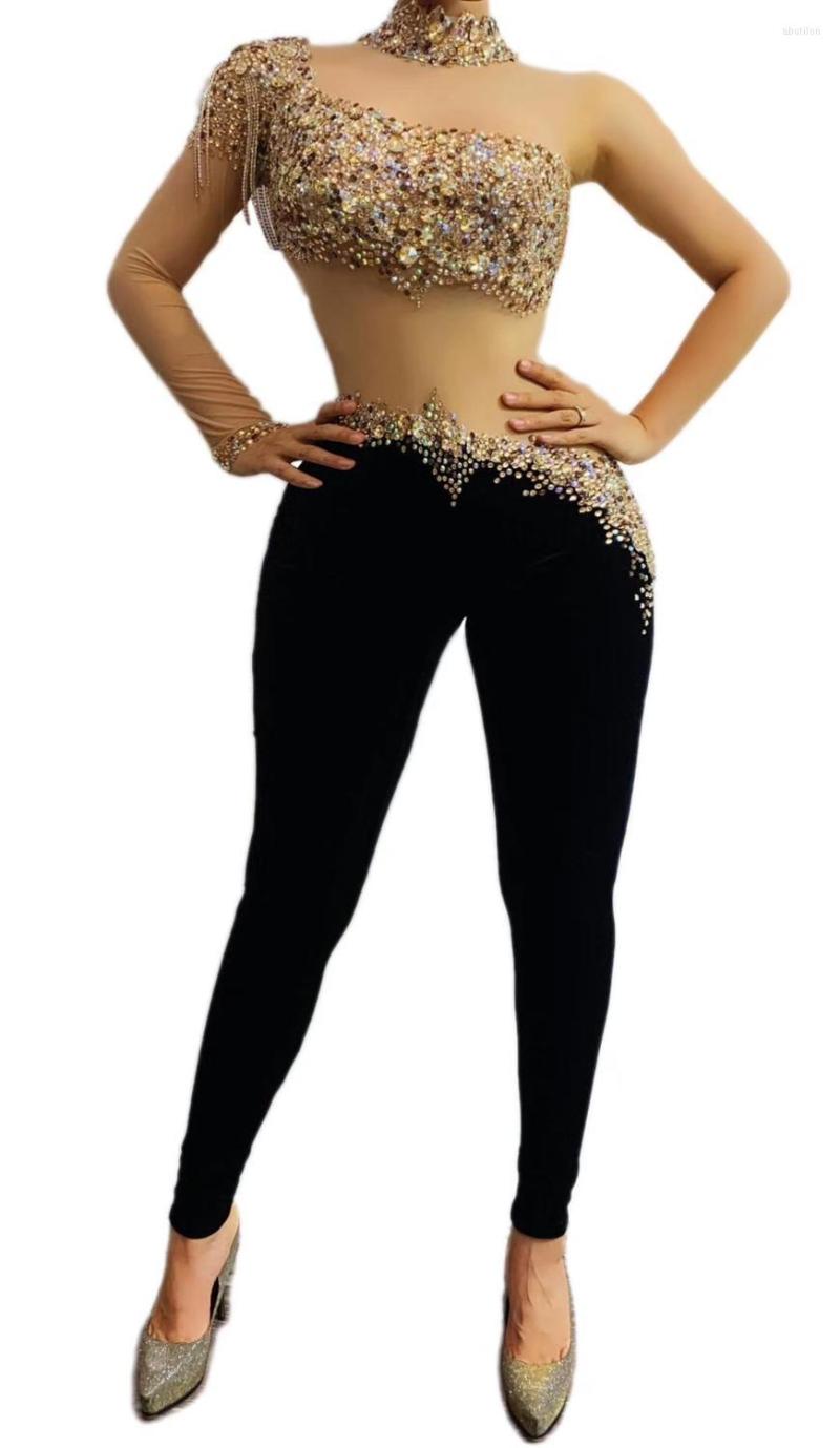 

Stage Wear 2023 Multi-color Rhinestones Fringe Transparent Sleeve Jumpsuit Black Velvet Leggings Dance Outfit Bar Singer, Picture shown