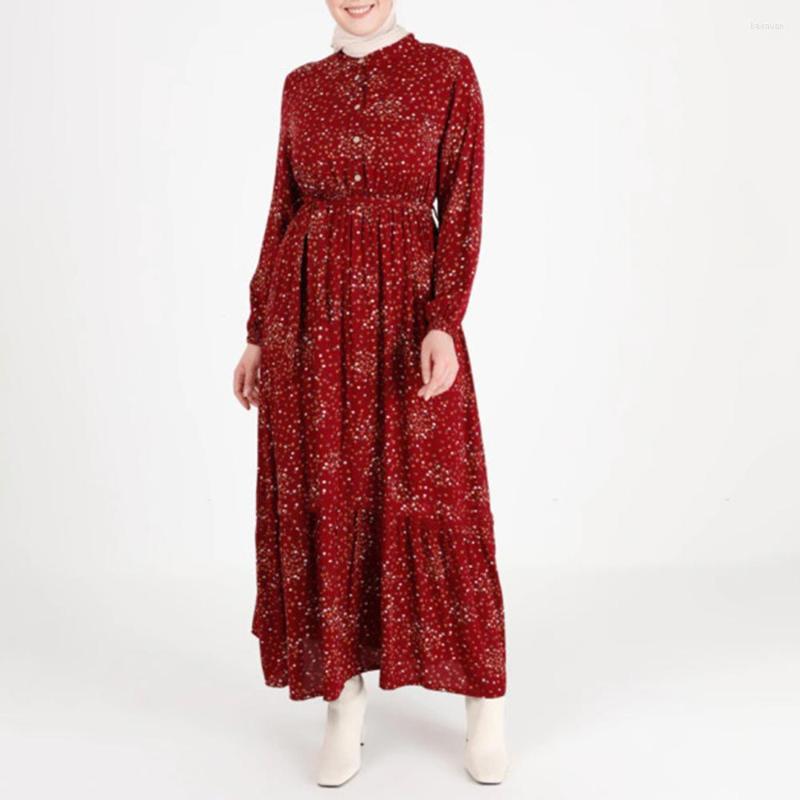 

Ethnic Clothing Spring Floral Fashion Maxi Dresses For Women Stand Collar Button Long Sleeve Robe Gown Muslim Patchwork Clothes Elegant 2023